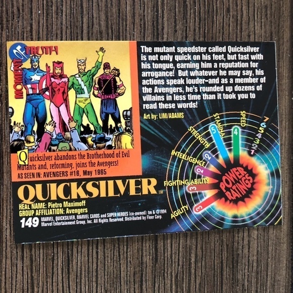 Marvel Universe '94 Fleer trading card: Superhero: Quicksliver #149 - Picture 2 of 2